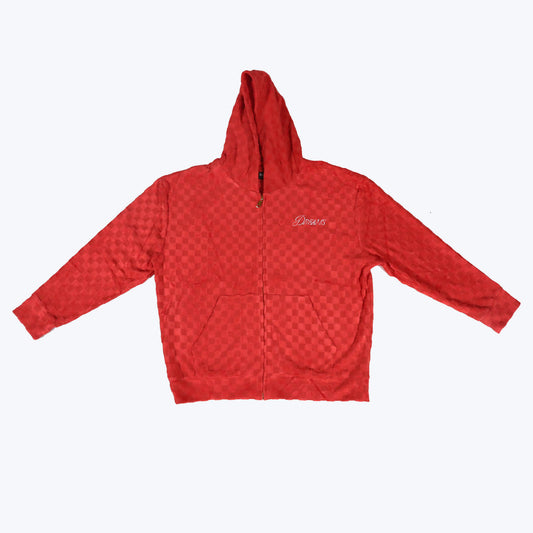 Dreams Zip Up Red Checkerboard Velour Hoodie