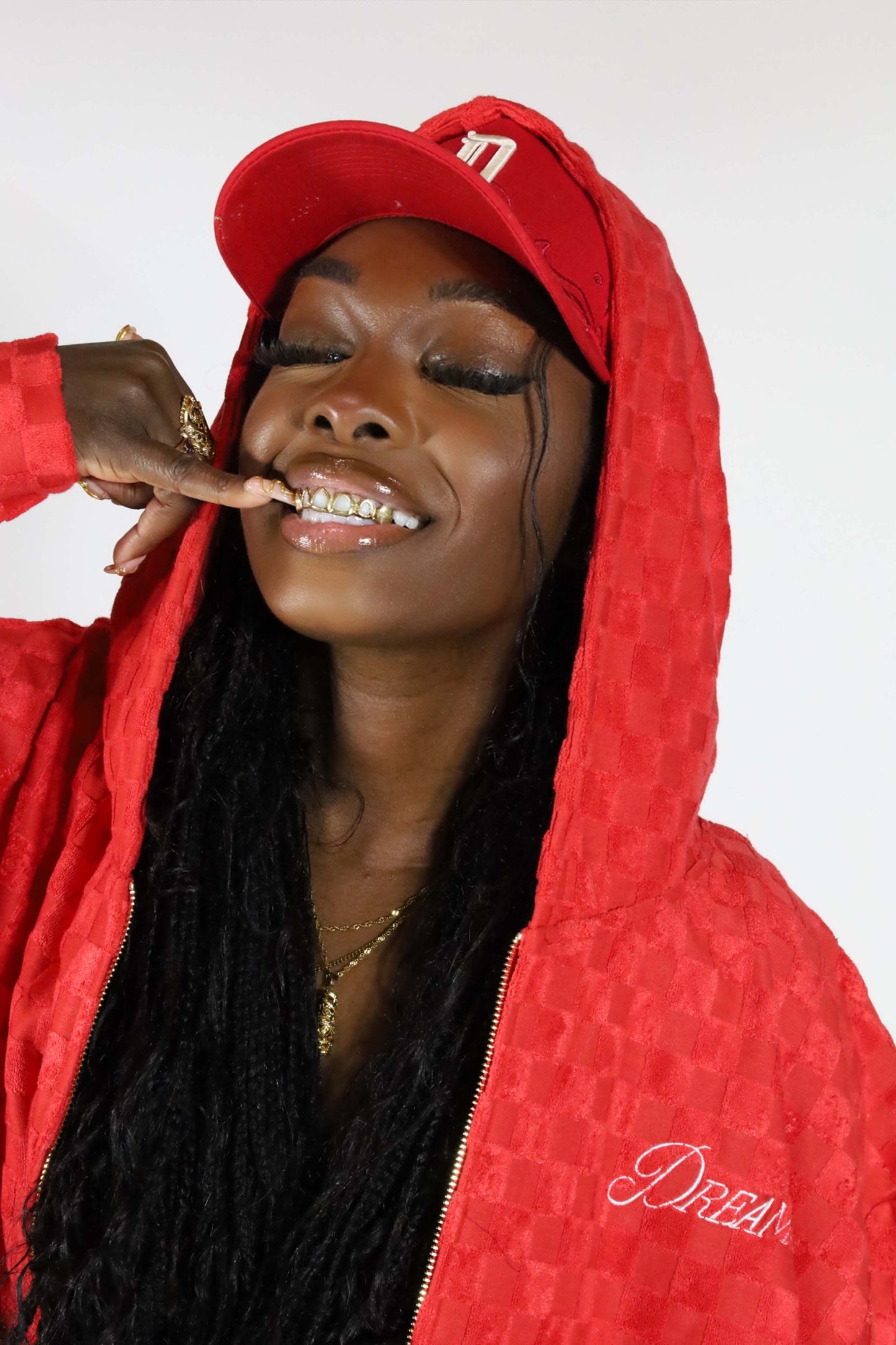 Dreams Zip Up Red Checkerboard Velour Hoodie